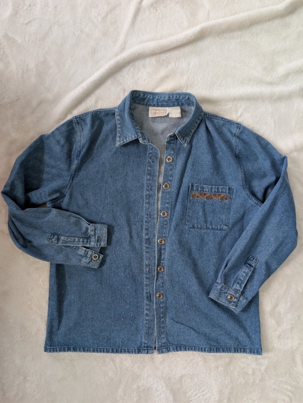 Vintage Embroidered Denim Button-Up Shirt - Blue